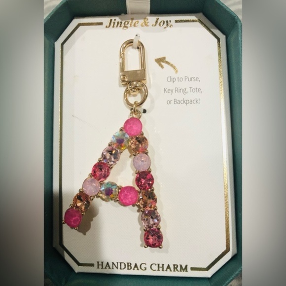 Beautiful gold plated Pink bejeweled gemstone A monogram bag purse key chain new - Picture 10 of 13